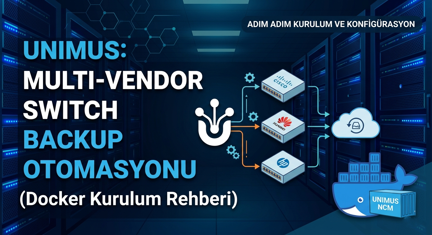 Bir veri merkezi arka planı önünde, Unimus NCM'nin Docker konteyneri üzerinde çalıştığını ve Cisco, Huawei, HP marka switchlerden buluta veri yedeklediğini gösteren teknik illüstrasyon.